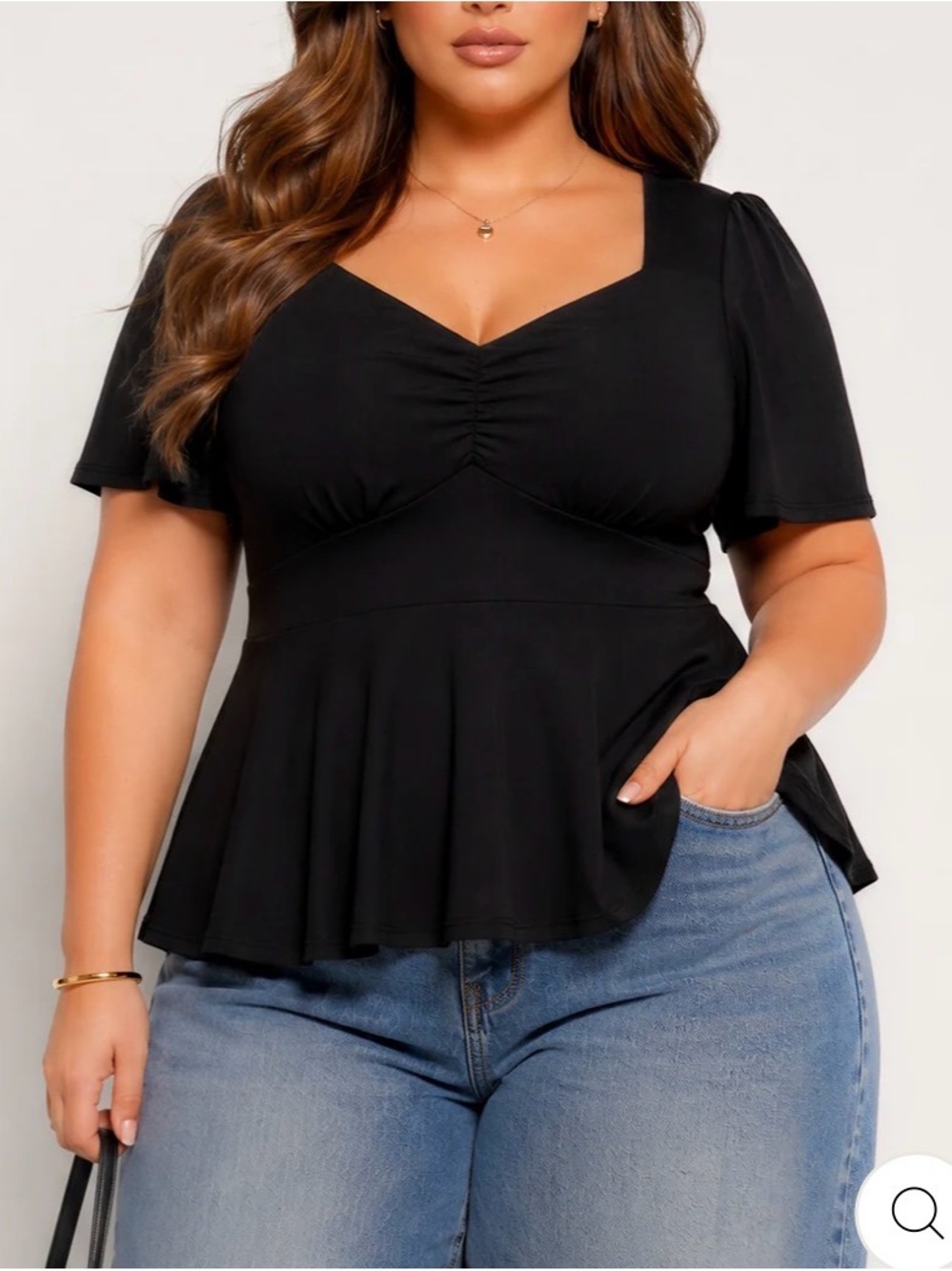NWOT Curvy Sense Black Elara Ruched Peplum Top